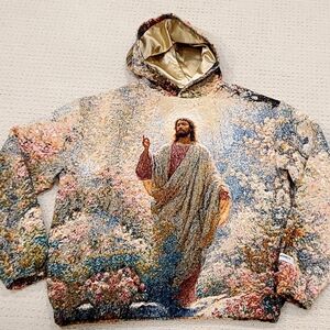 Nickscacchetti Jaquard Tapestry Jesus/ Blessed Mother Mary Hoodie Adult Med NWOT